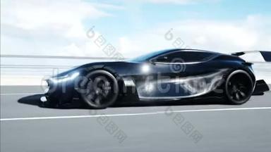 桥上黑色<strong>未来</strong>派汽车的三维模型。 开得很快。 <strong>未来</strong>的概念。 现实的4k动画。
